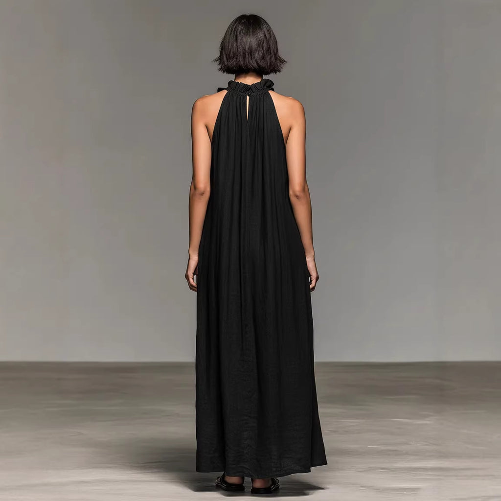 Resort Style Ruffled Halter Neck Sleeveless Maxi Dress - Loose Fit Flattering Flowy Skirt For Party Evening Gown