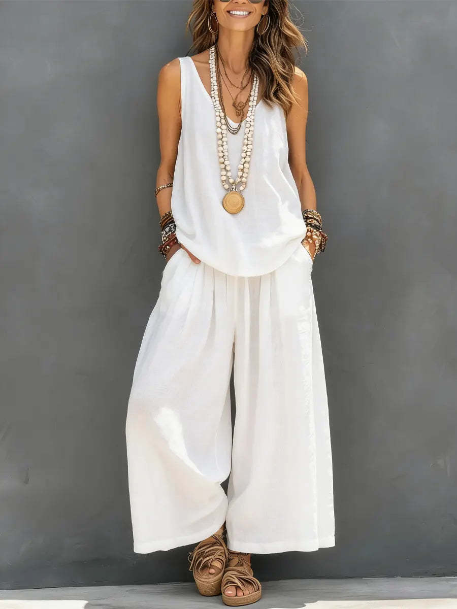 Womens Solid-Colored Casual Sleeveless Tank Top And Wide-Leg Pants Cotton-Linen Set For Daily Wear Holiday Outfit